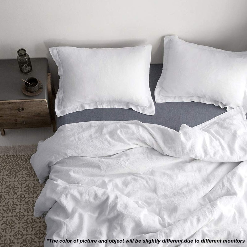 Simple&Opulence 100% Linen Duvet Cover Set with Embroidery Border Washed - 3 Pieces (1 Duvet Cover with 2 Pillow Shams) with Button Closure Soft Breathable Farmhouse - White, Queen Size - Image 5